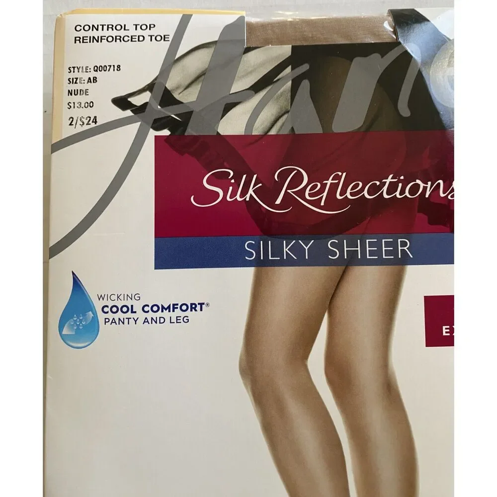 Pair Hanes Silk Reflection Silky Sheer Control Top Reinforced Toe Nude Size AB
